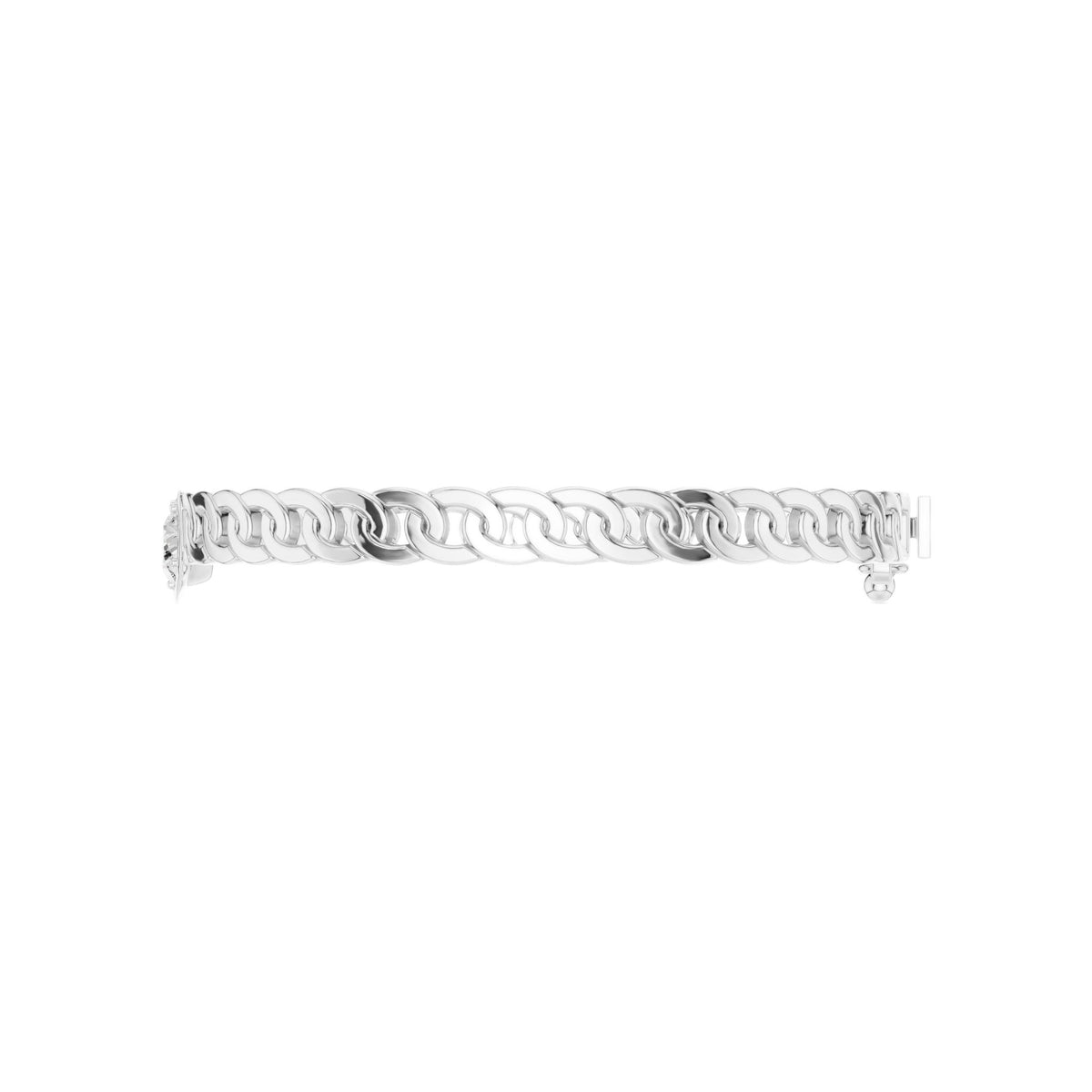 White gold diamond curb link bracelet side view with connected curb links.
