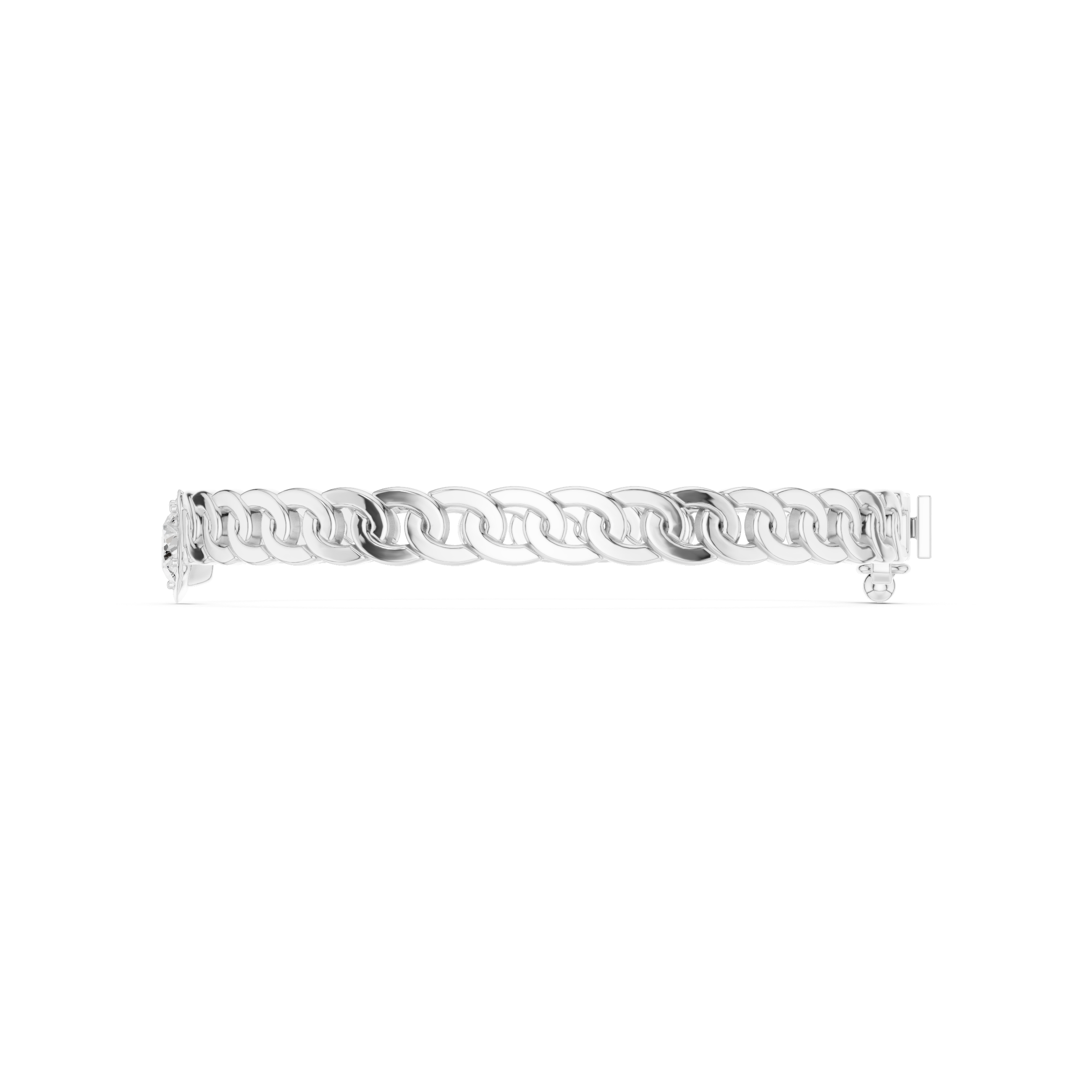 White gold diamond curb link bracelet side view with connected curb links.