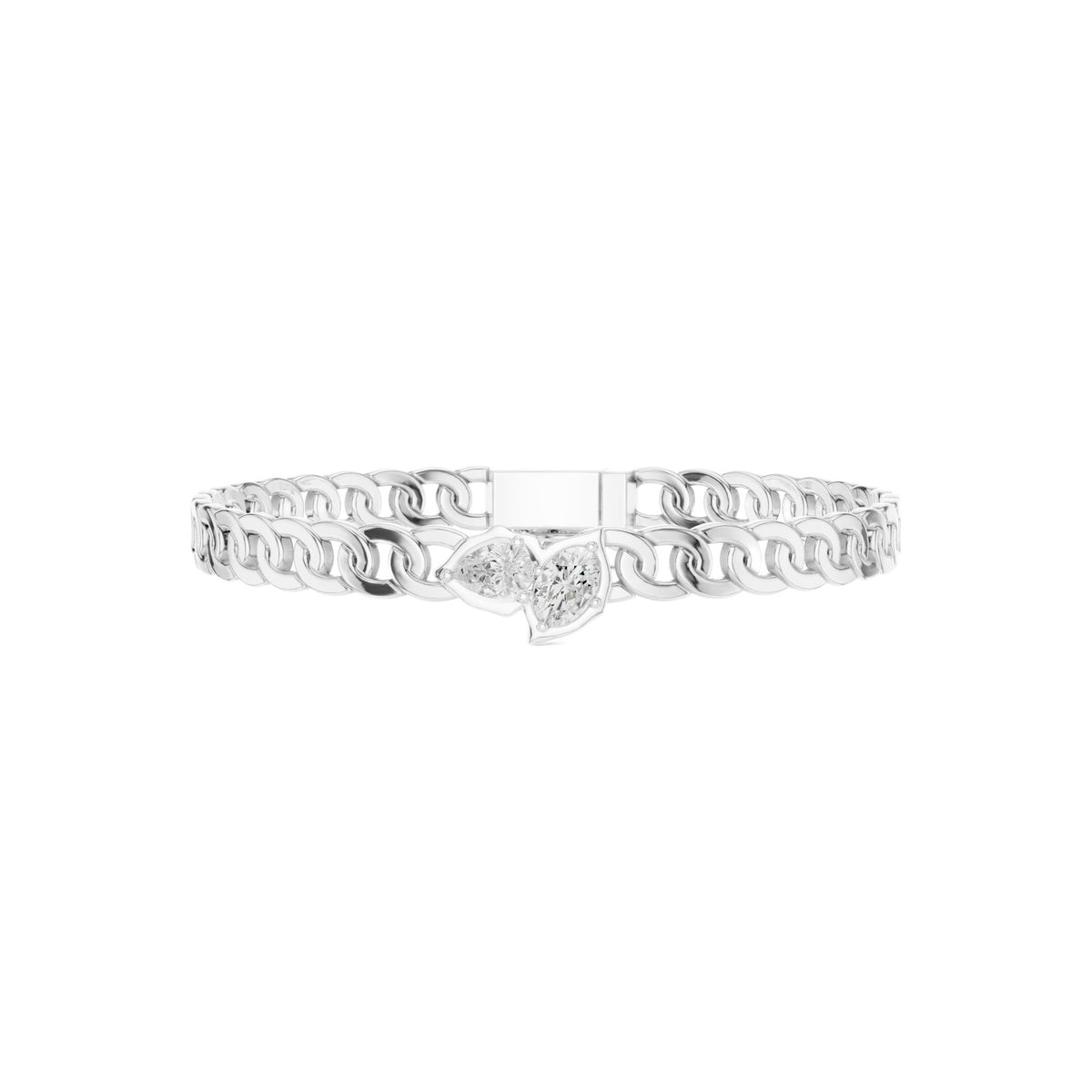 White gold diamond curb link bracelet with oval center diamond in a frame.
