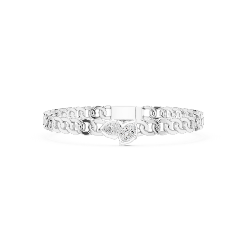 White gold diamond curb link bracelet with oval center diamond in a frame.
