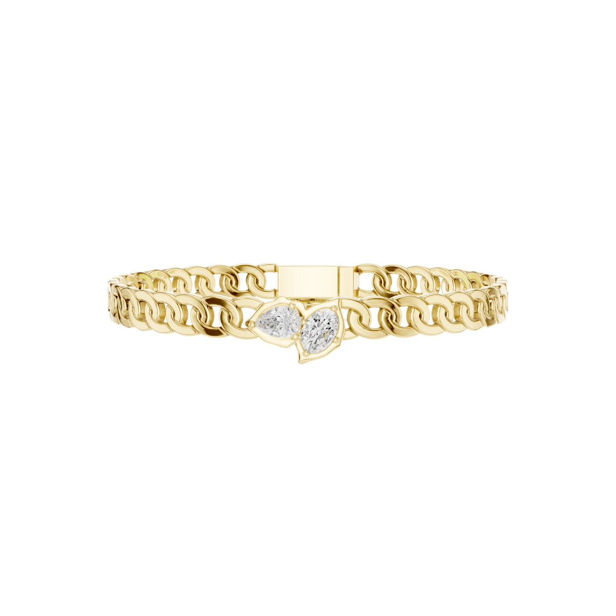 Yellow gold curb link bracelet with heart-shaped diamond center cluster