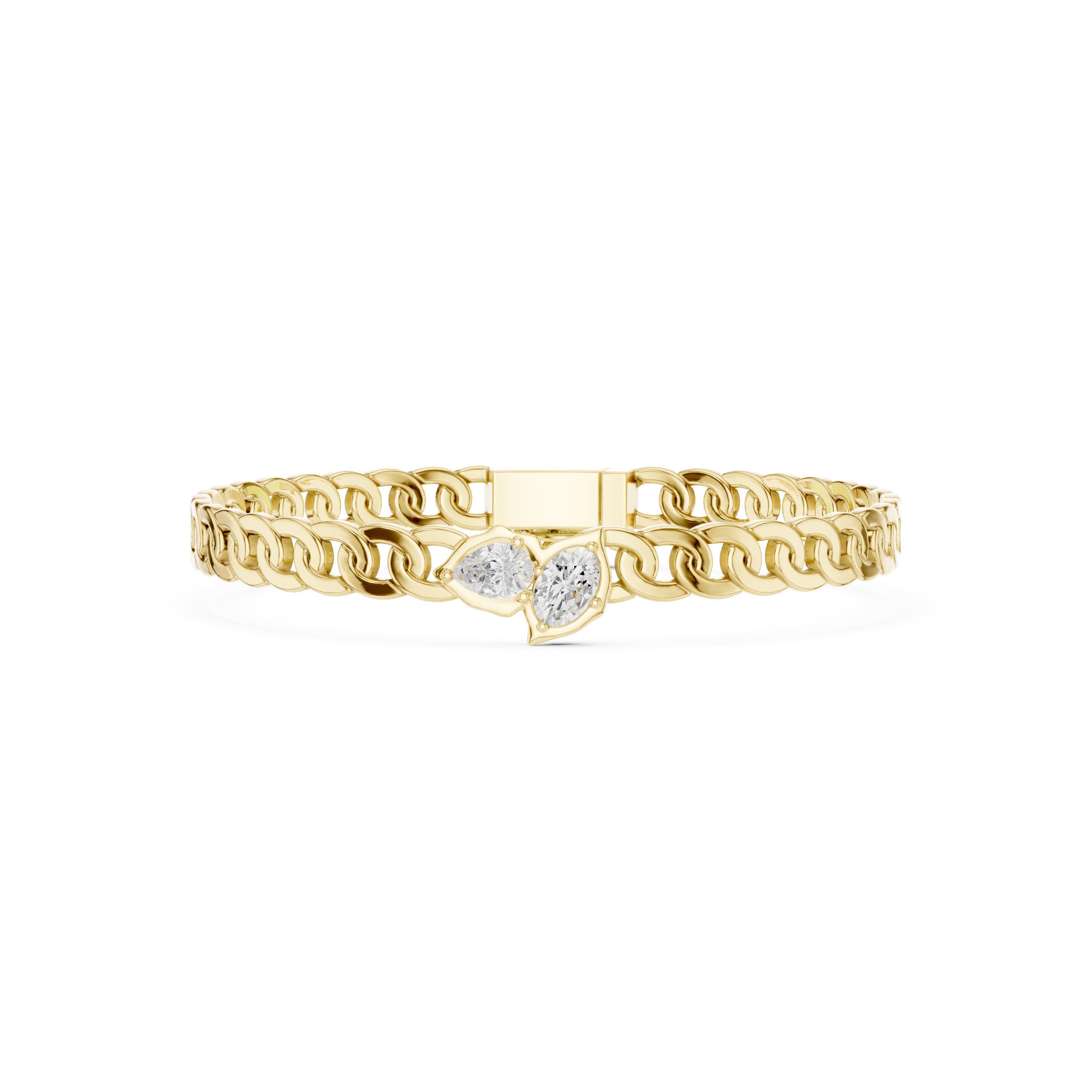 Yellow gold curb link bracelet with heart-shaped diamond center cluster