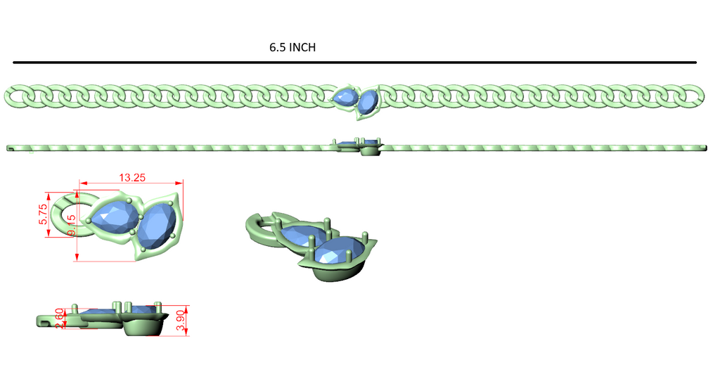 Diamond curb link bracelet with oval blue stones shown in a CAD layout.