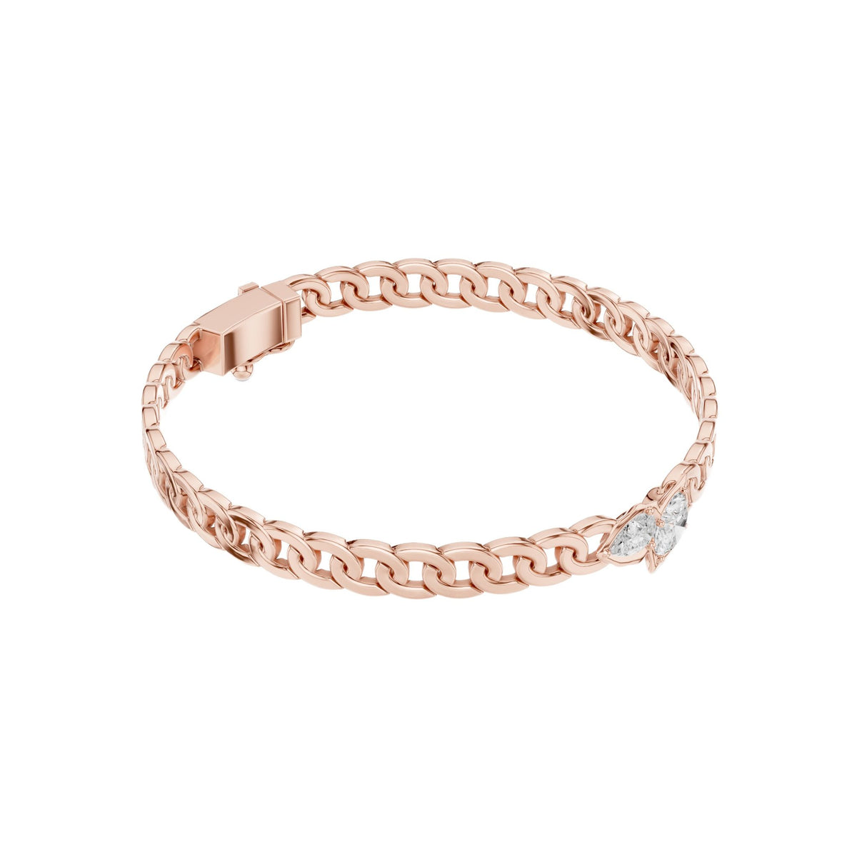 Rose gold diamond curb link bracelet with link chain and open center frame.