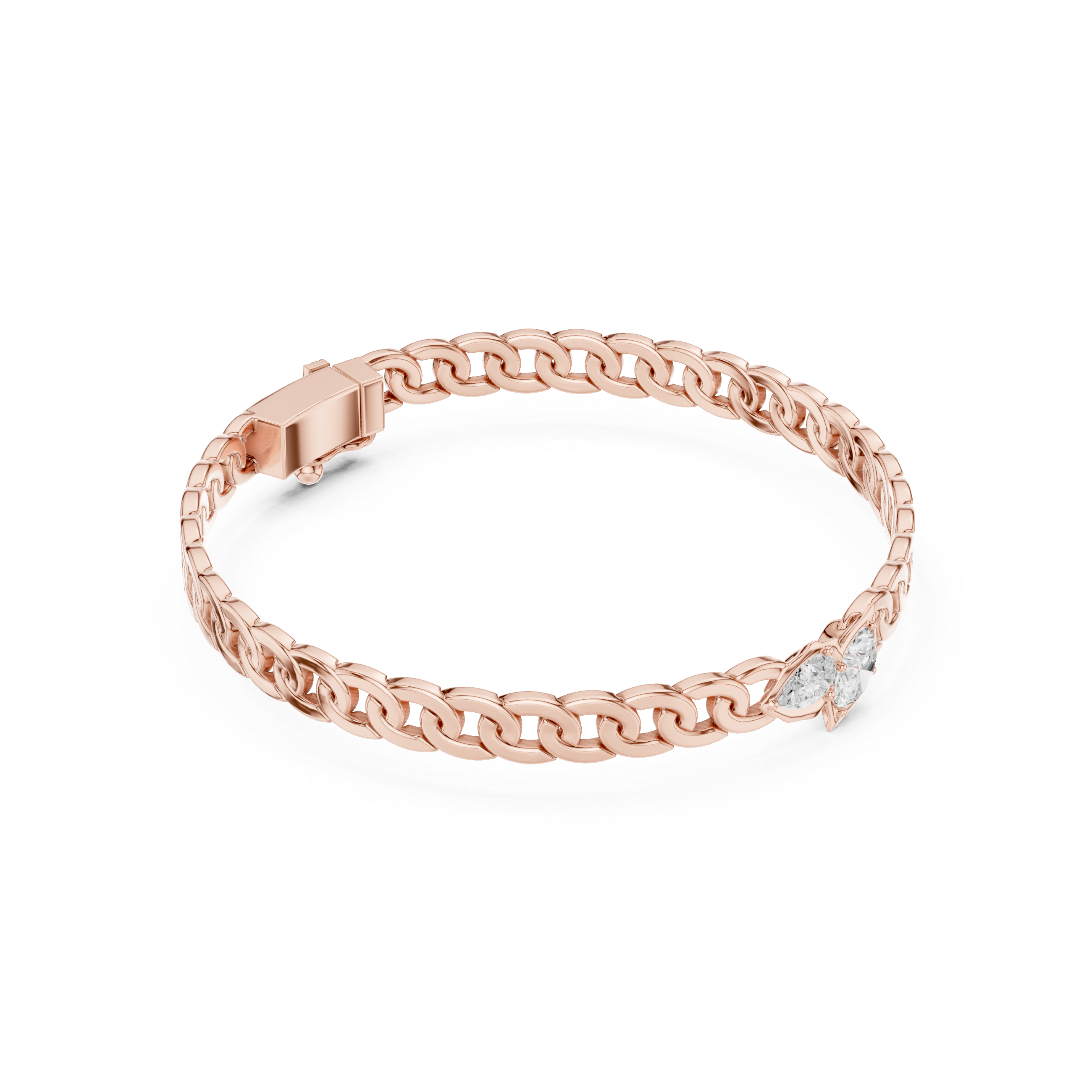 Rose gold diamond curb link bracelet with link chain and open center frame.