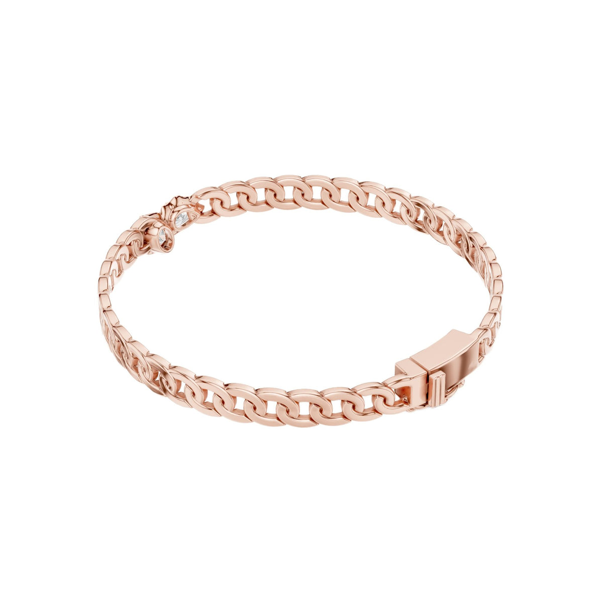Rose gold diamond curb link bracelet with clasp and continuous curb links.