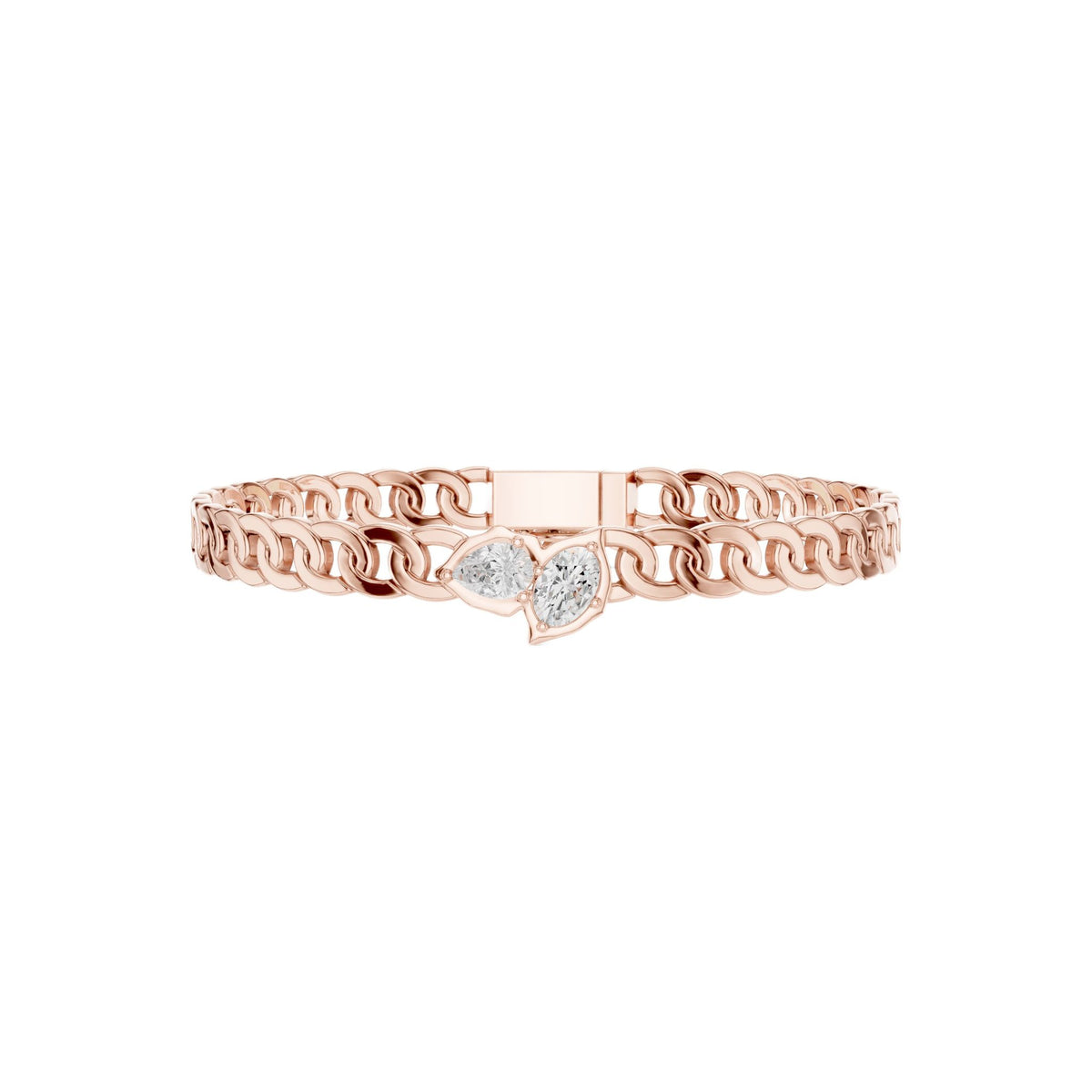 Rose gold diamond curb link bracelet with oval center diamond in a frame.