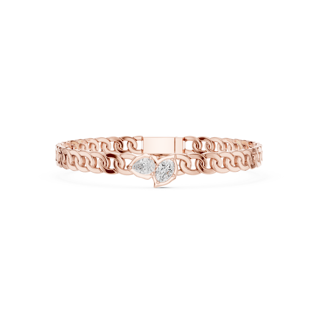 Rose gold diamond curb link bracelet with oval center diamond in a frame.
