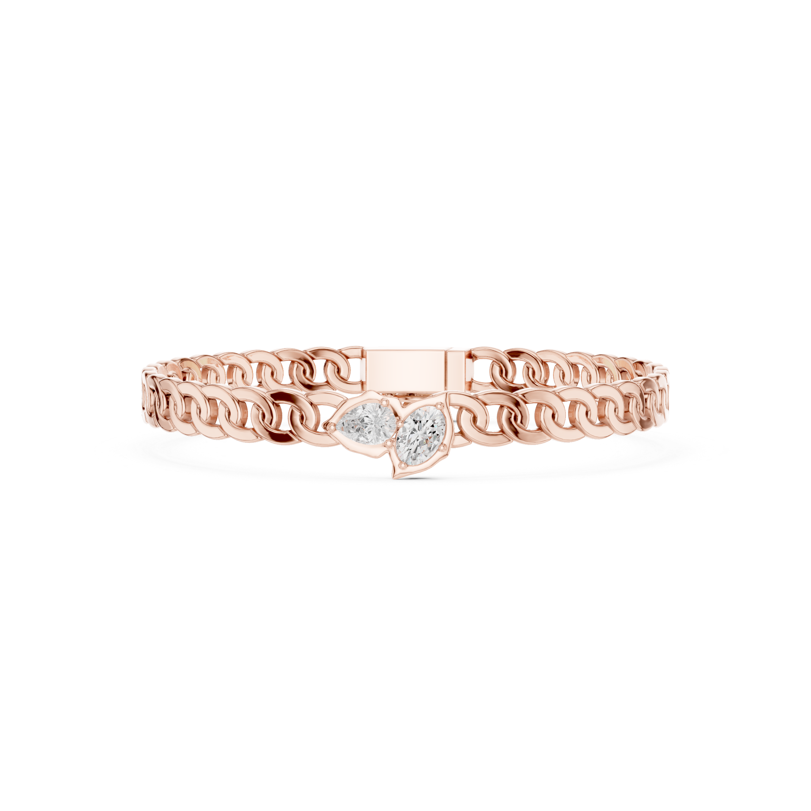Rose gold diamond curb link bracelet with oval center diamond in a frame.