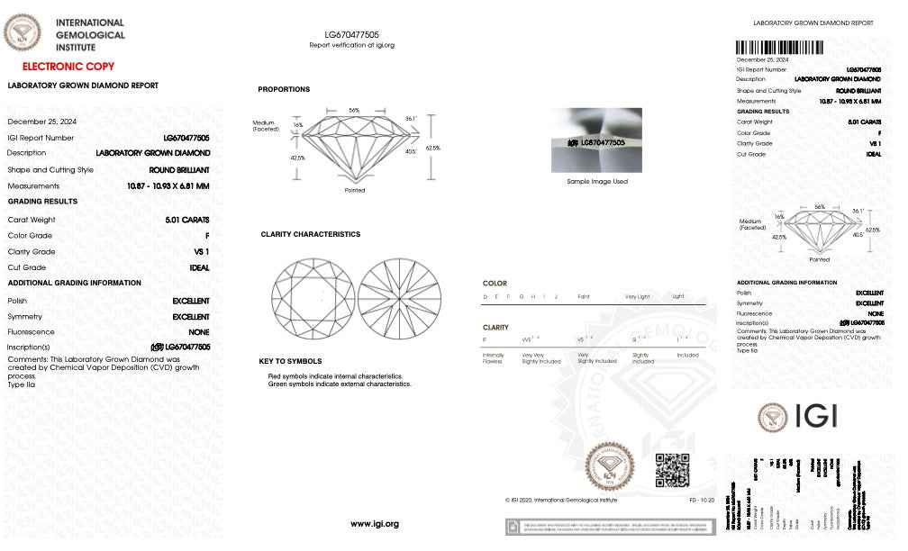 IGI diamond grading report page with diagrams, certification text, and electronic ID