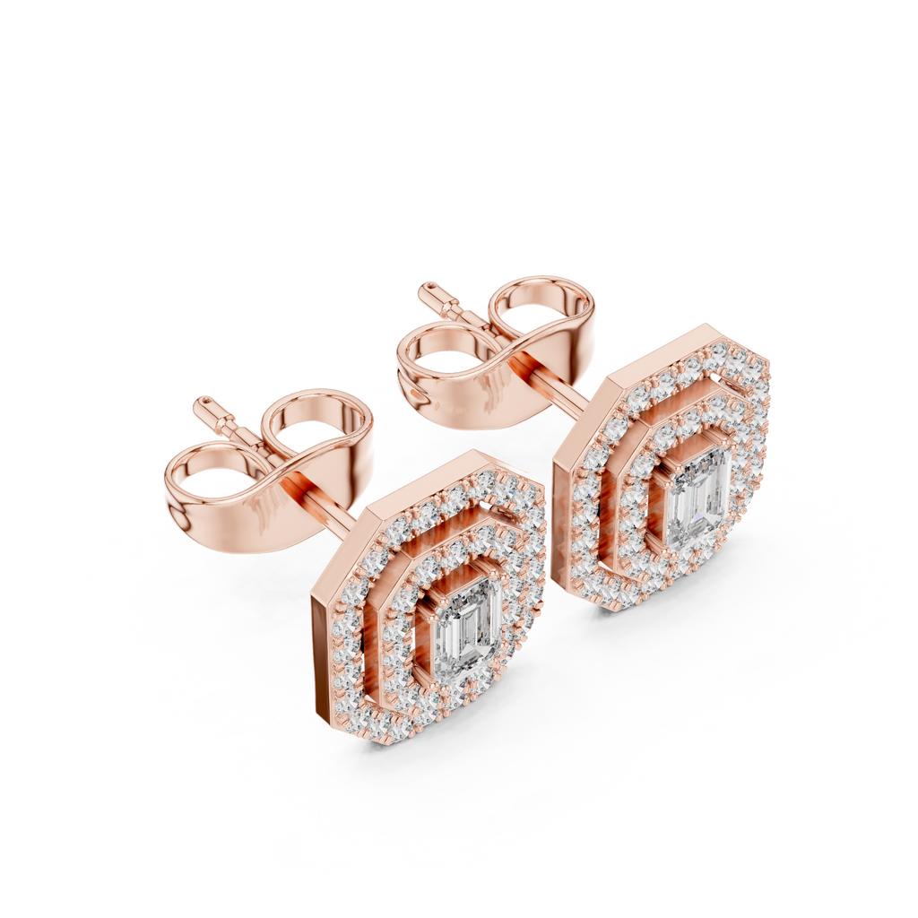 Halo stud earrings in rose gold with emerald-cut center stones and micro-prong halos