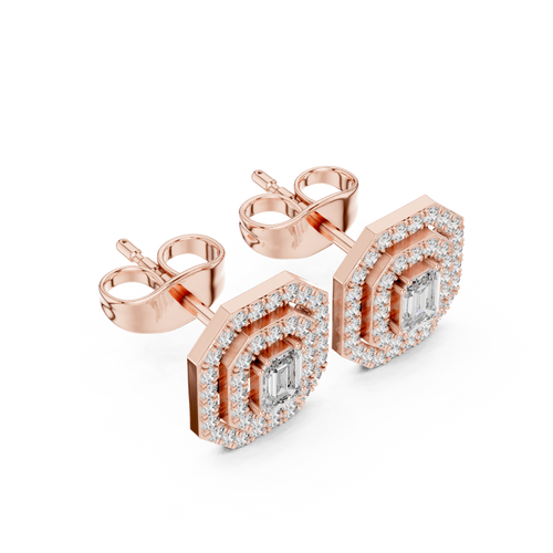 Halo stud earrings in rose gold with emerald-cut center stones and micro-prong halos