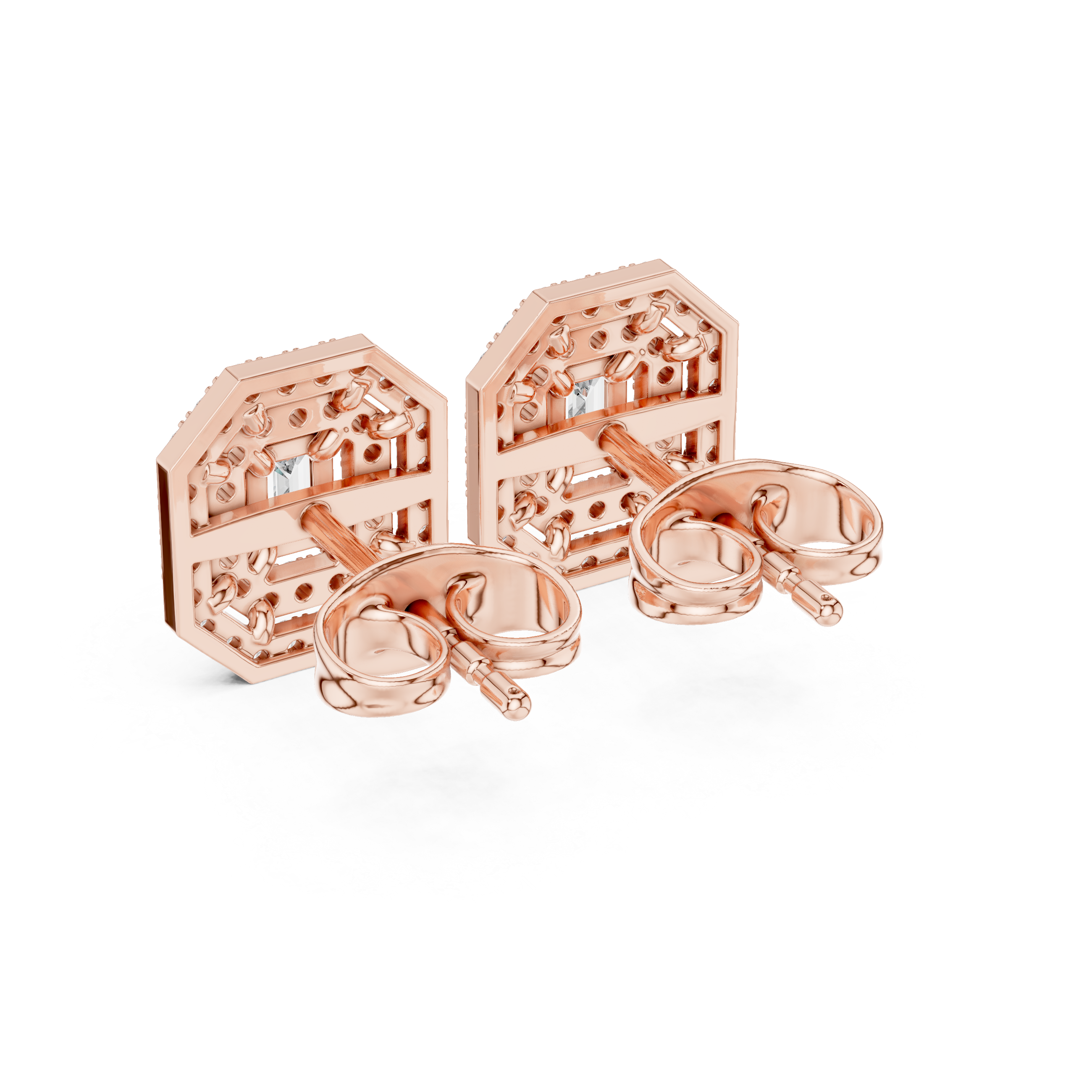 Halo stud earrings in rose gold, showing backs with posts and openwork halo frames
