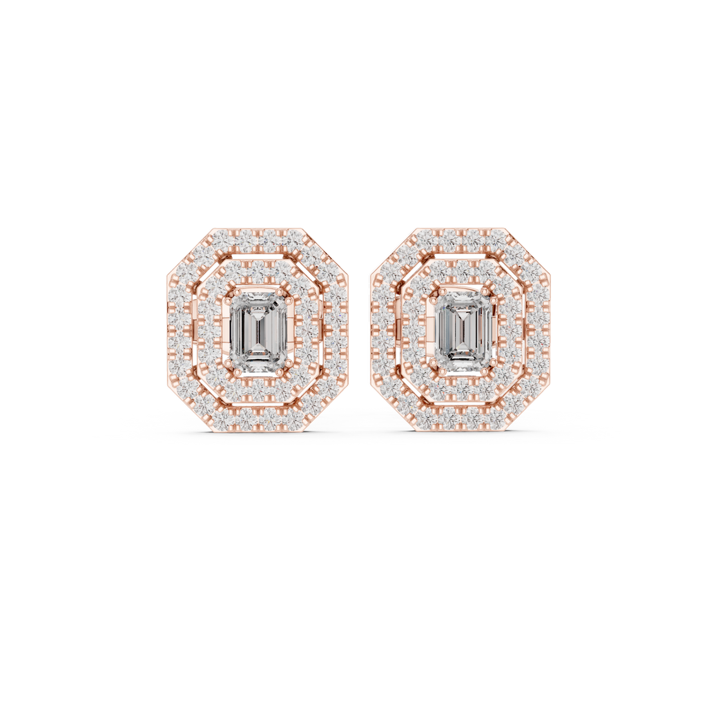 Halo stud earrings with emerald-cut center stones and pavé accents in rose gold