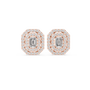 Rose gold emerald-cut halo diamond stud earrings, octagonal halo with diamond borders
