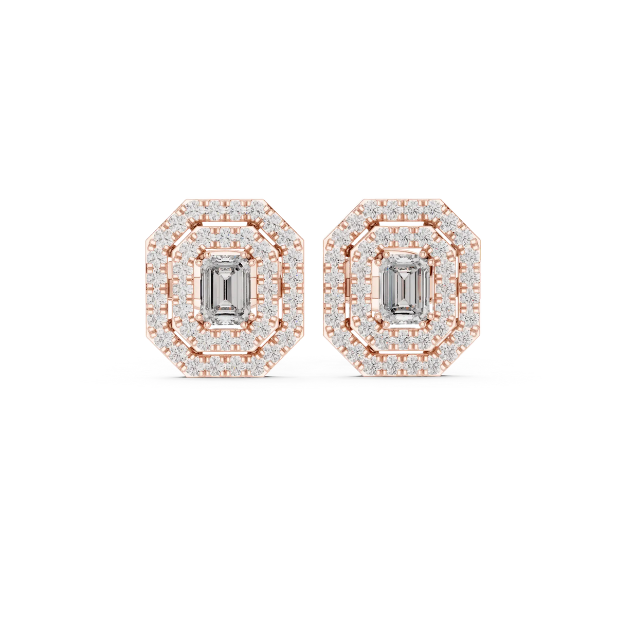 Rose gold emerald-cut halo diamond stud earrings, octagonal halo with diamond borders