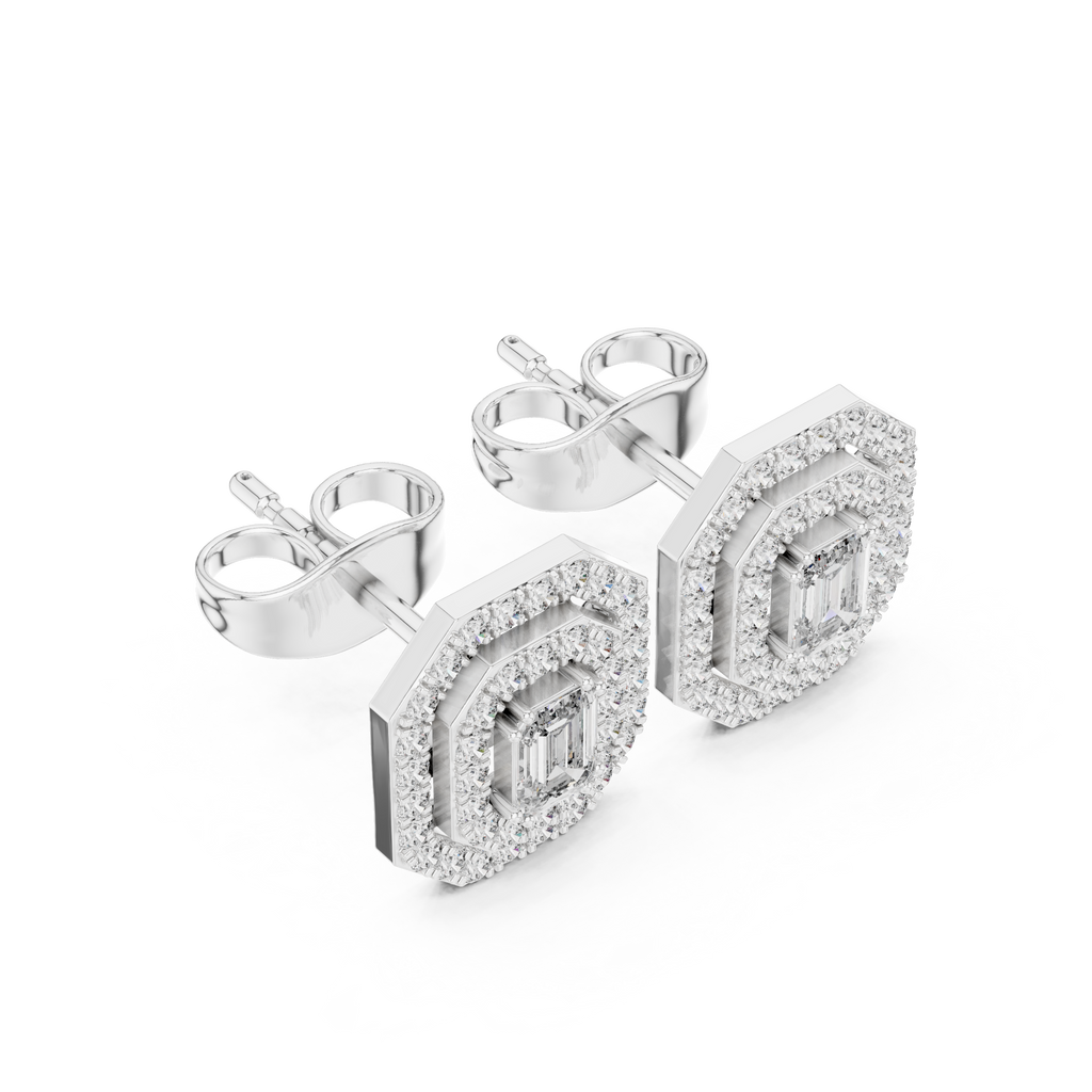 Halo stud earrings in white gold with emerald-cut center stones and micro-prong halos