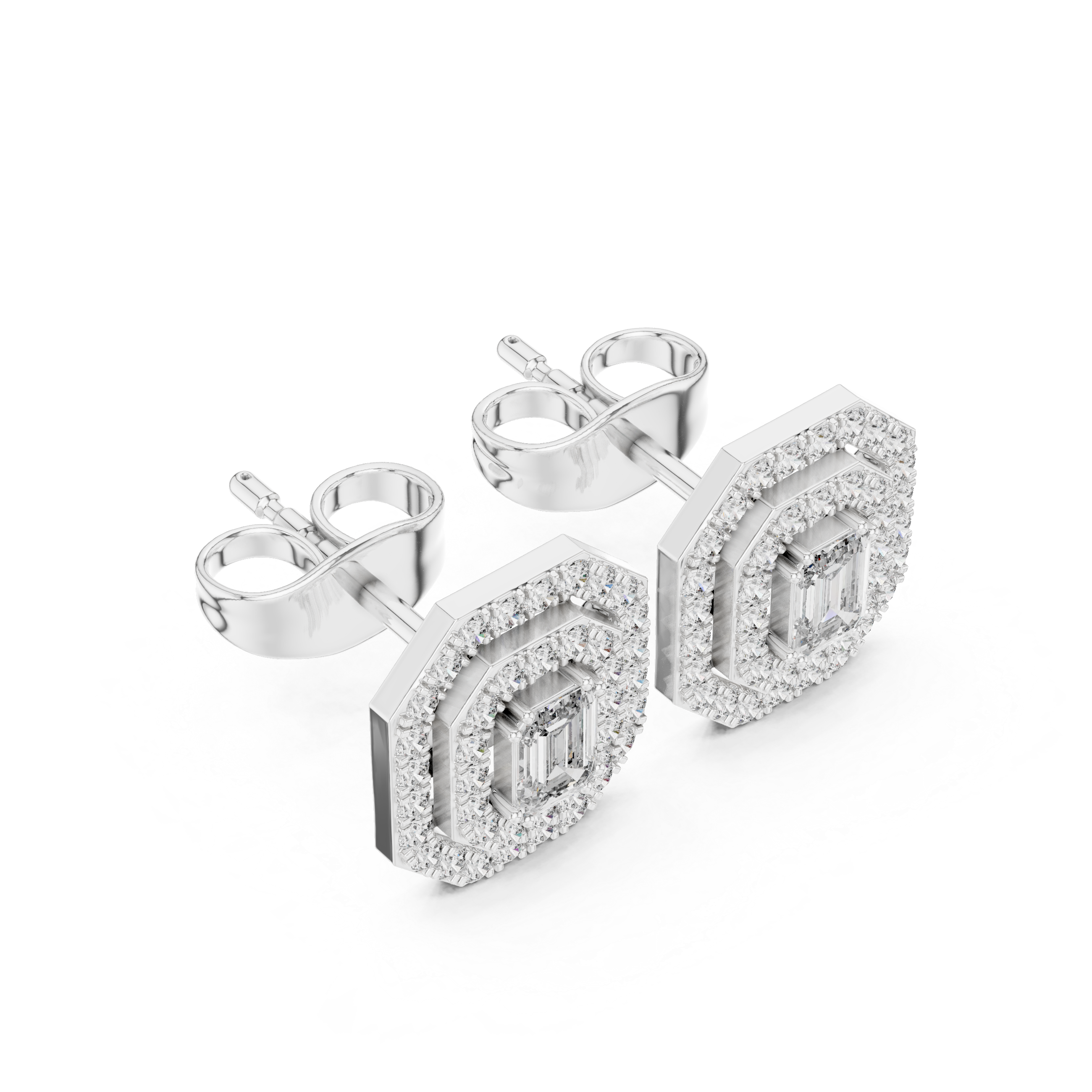 Halo stud earrings in white gold with emerald-cut center stones and micro-prong halos
