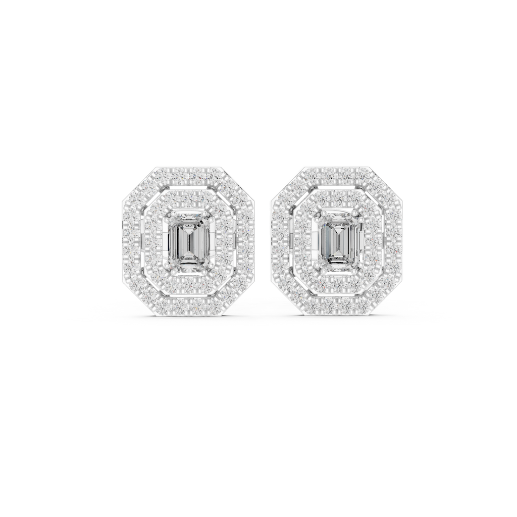 Halo stud earrings in white gold with emerald-cut center stones and pavé halo detailing