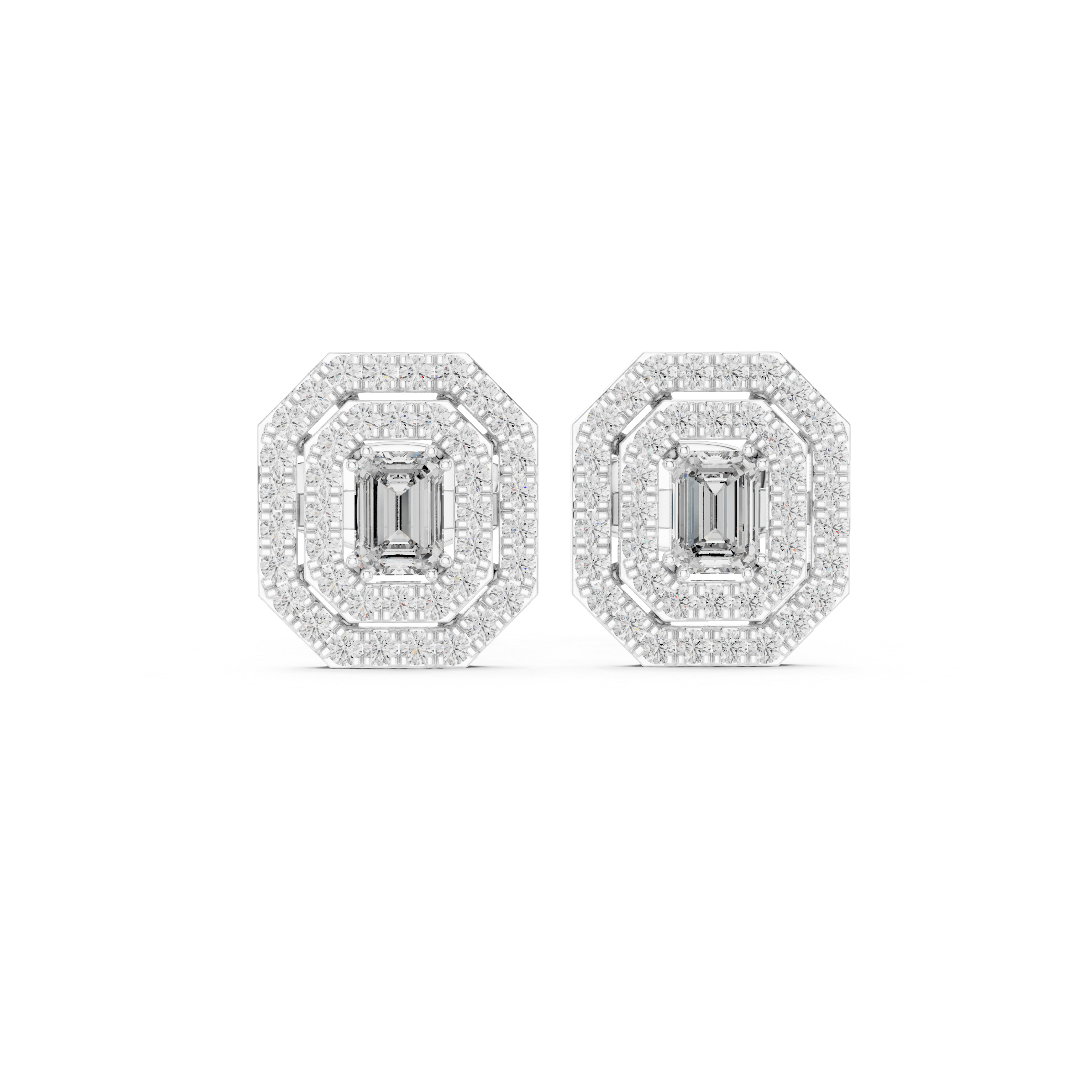 Halo stud earrings in white gold with emerald-cut center stones and pavé halo detailing
