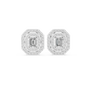 Platinum emerald-cut halo diamond stud earrings, octagonal halo with emerald-cut centers