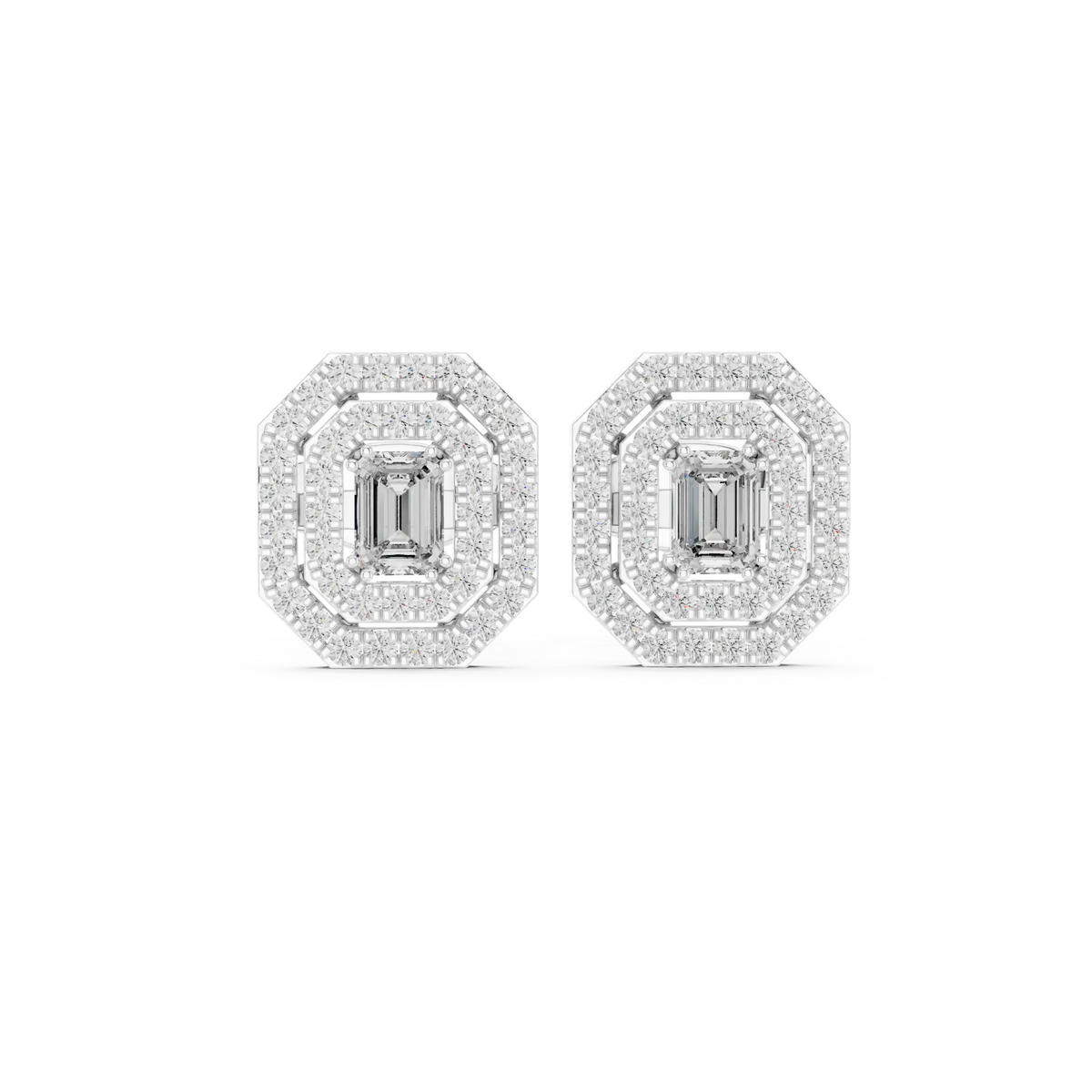Platinum emerald-cut halo diamond stud earrings, octagonal halo with emerald-cut centers