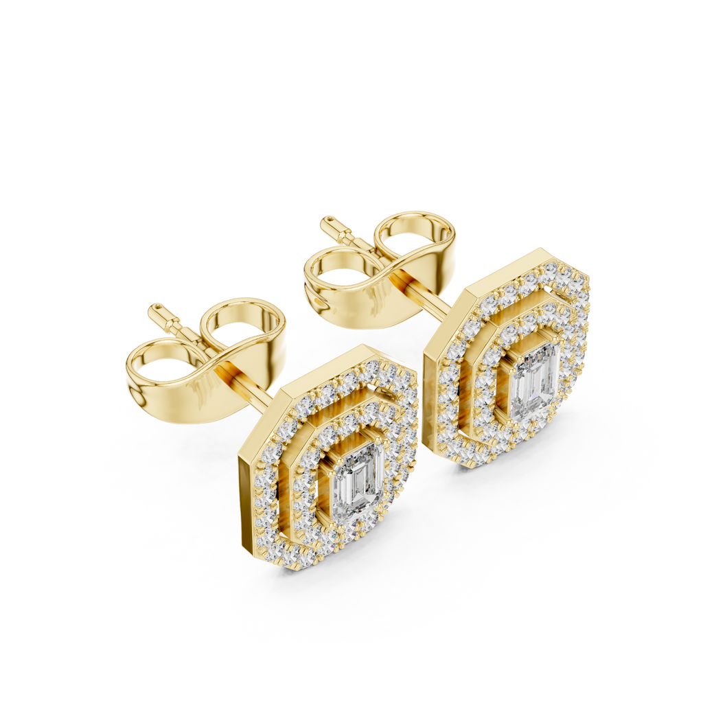 Halo stud earrings in yellow gold with emerald-cut center stones and micro-prong halos