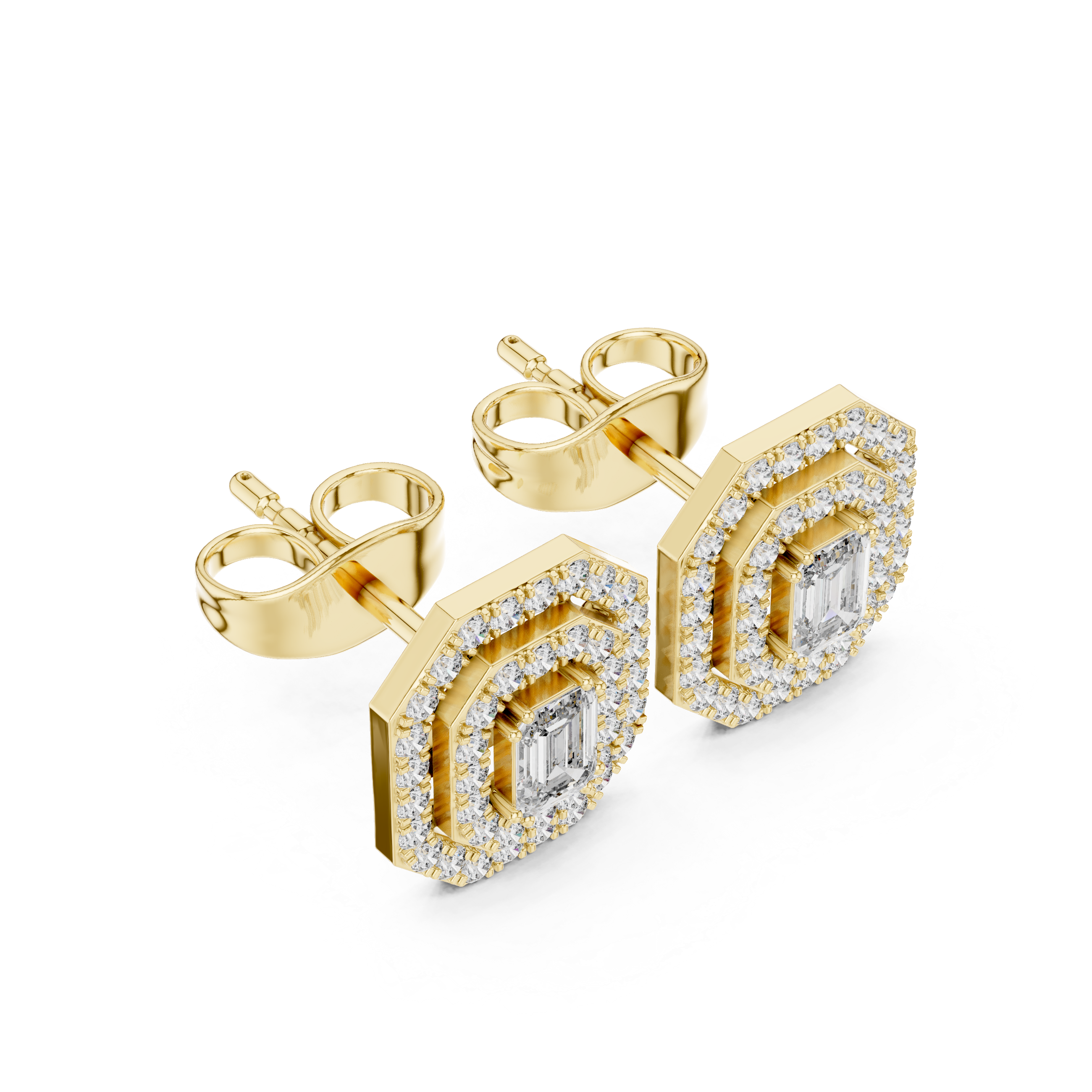Halo stud earrings in yellow gold with emerald-cut center stones and micro-prong halos