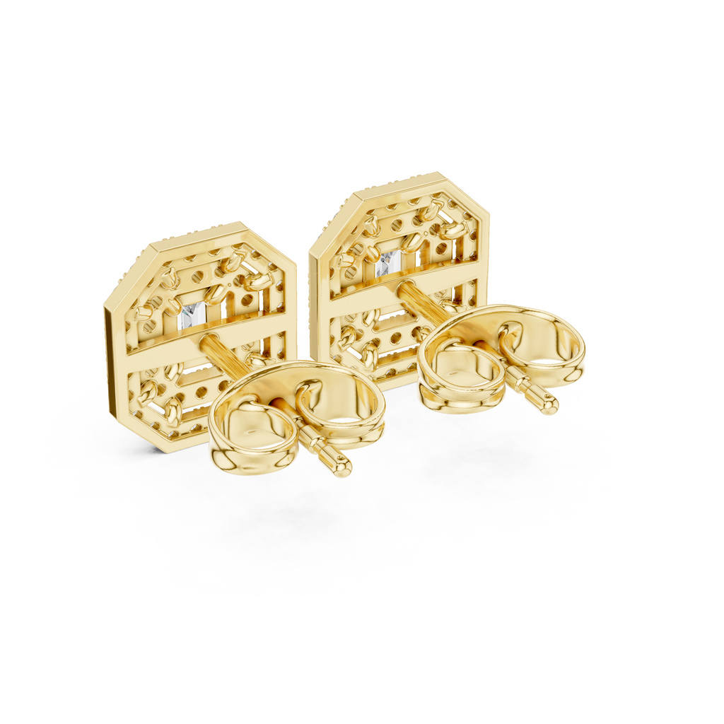 Halo stud earrings in yellow gold, showing backs with posts and openwork halo frames