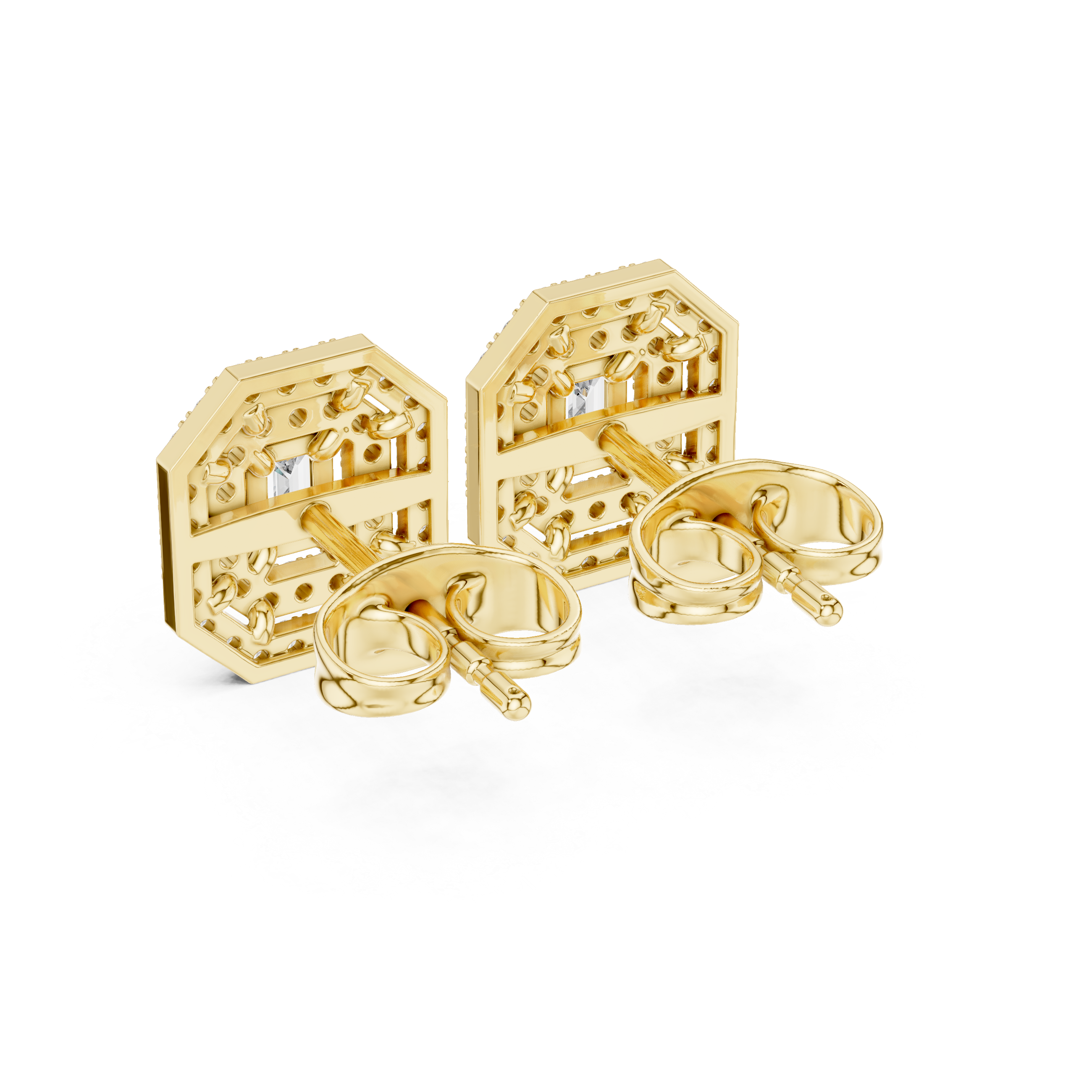 Halo stud earrings in yellow gold, showing backs with posts and openwork halo frames
