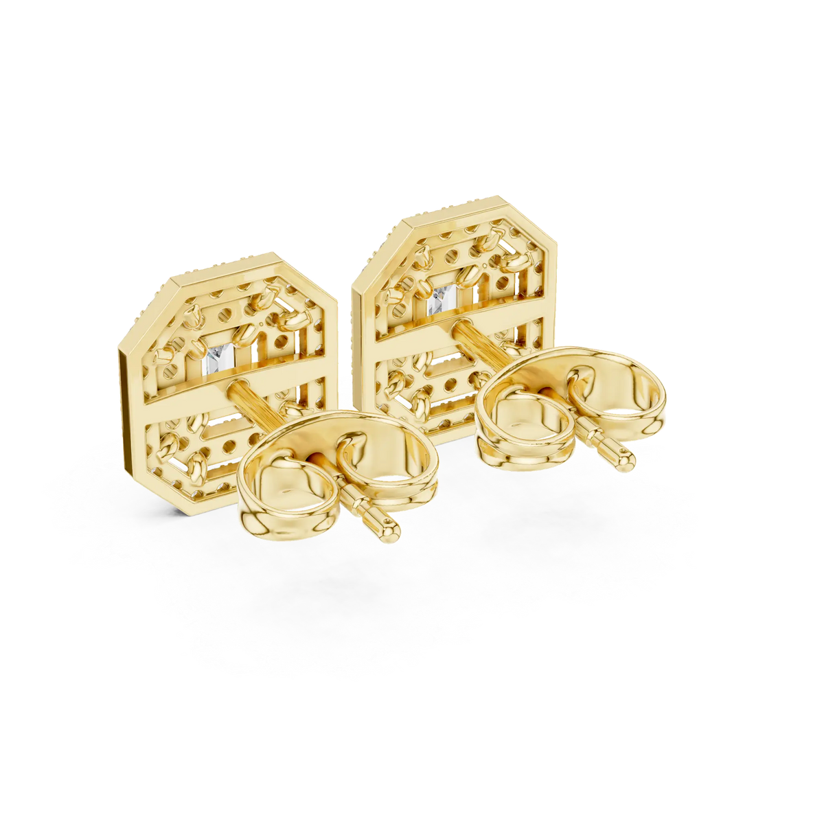Yellow gold emerald-cut halo diamond stud earrings, open setting and clasp backs