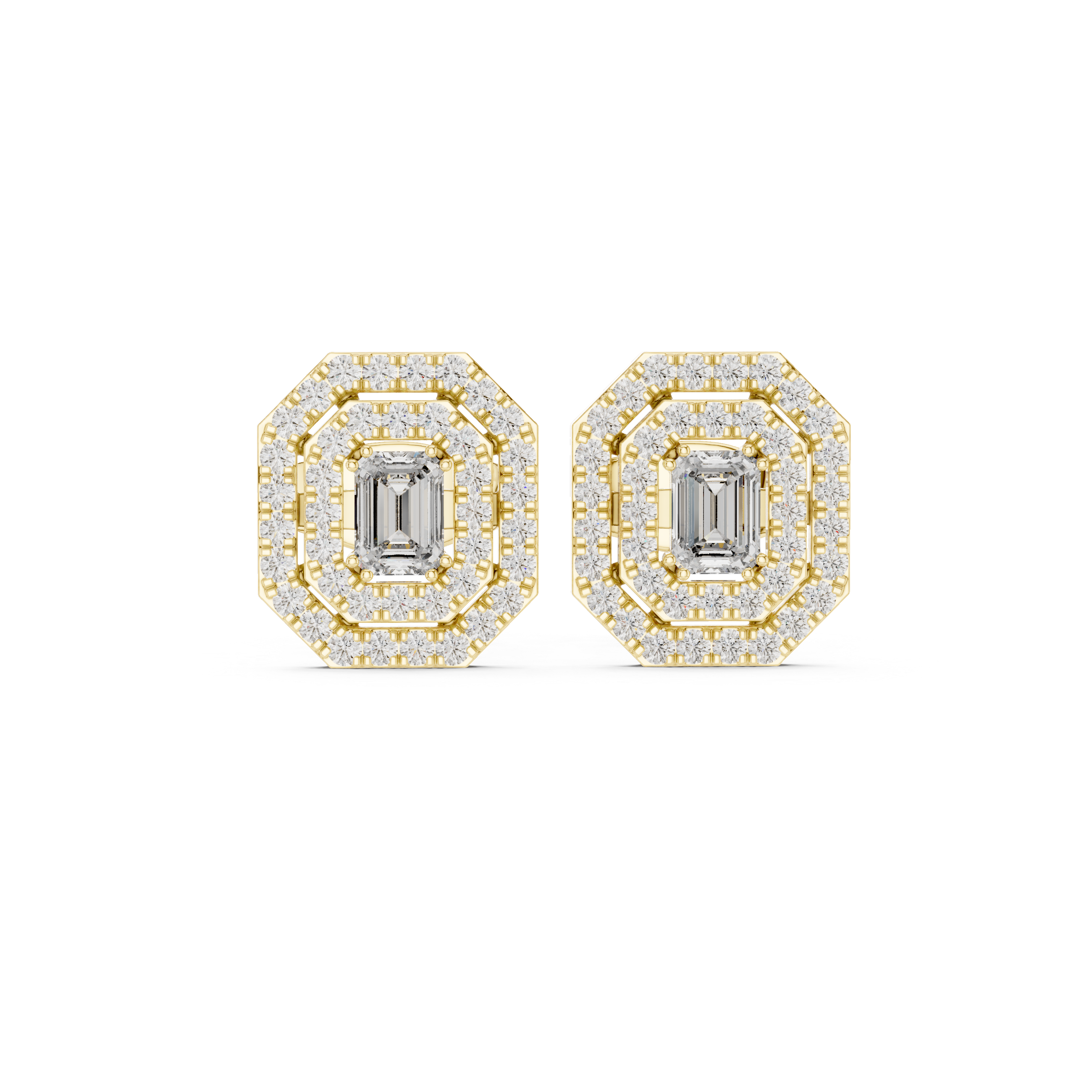 Yellow gold emerald-cut halo diamond stud earrings, square center stone with halo border