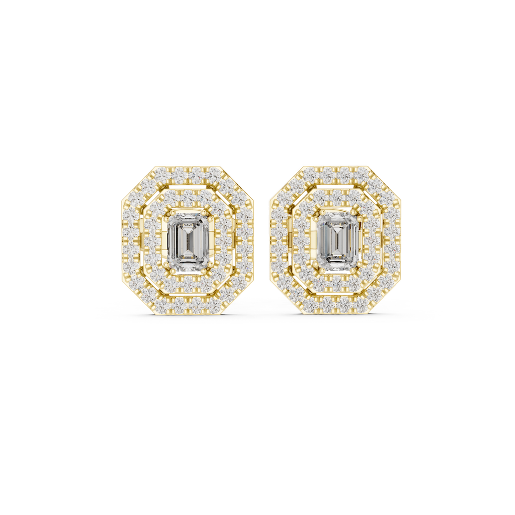 Octagonal halo stud earrings with emerald-cut center stone, yellow gold setting