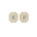 Yellow gold emerald-cut halo diamond stud earrings, square center stone with halo border