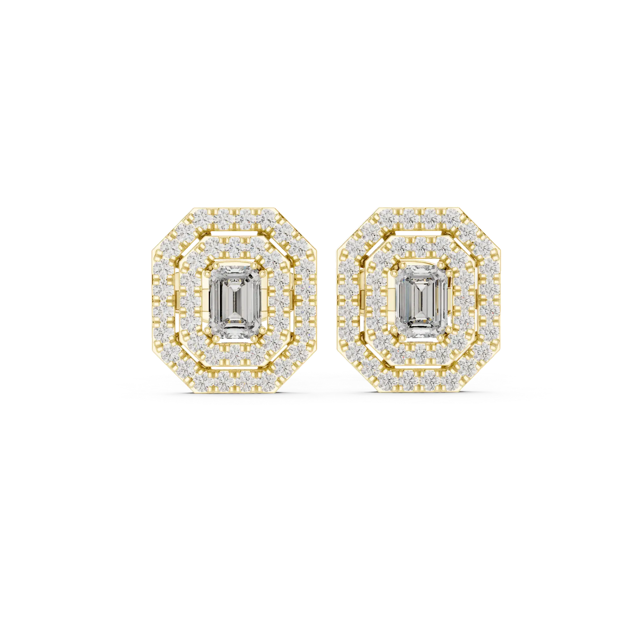 Yellow gold emerald-cut halo diamond stud earrings, square center stone with halo border