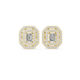 Yellow gold emerald-cut halo diamond stud earrings, square center stone with halo border