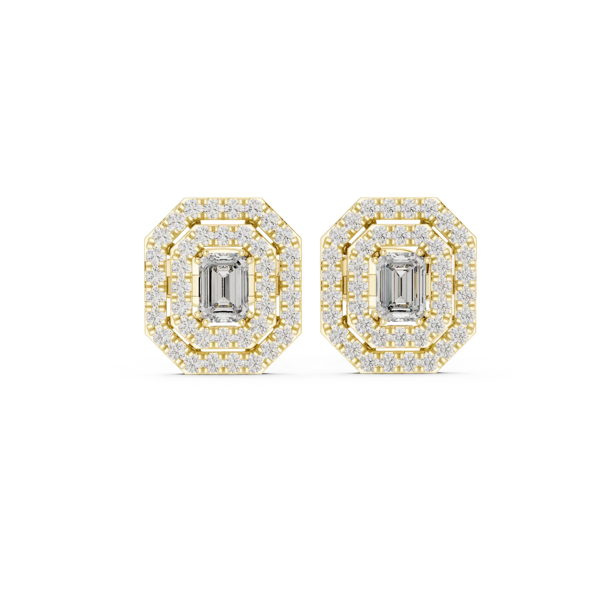 Yellow gold emerald-cut halo diamond stud earrings, square center stone with halo border