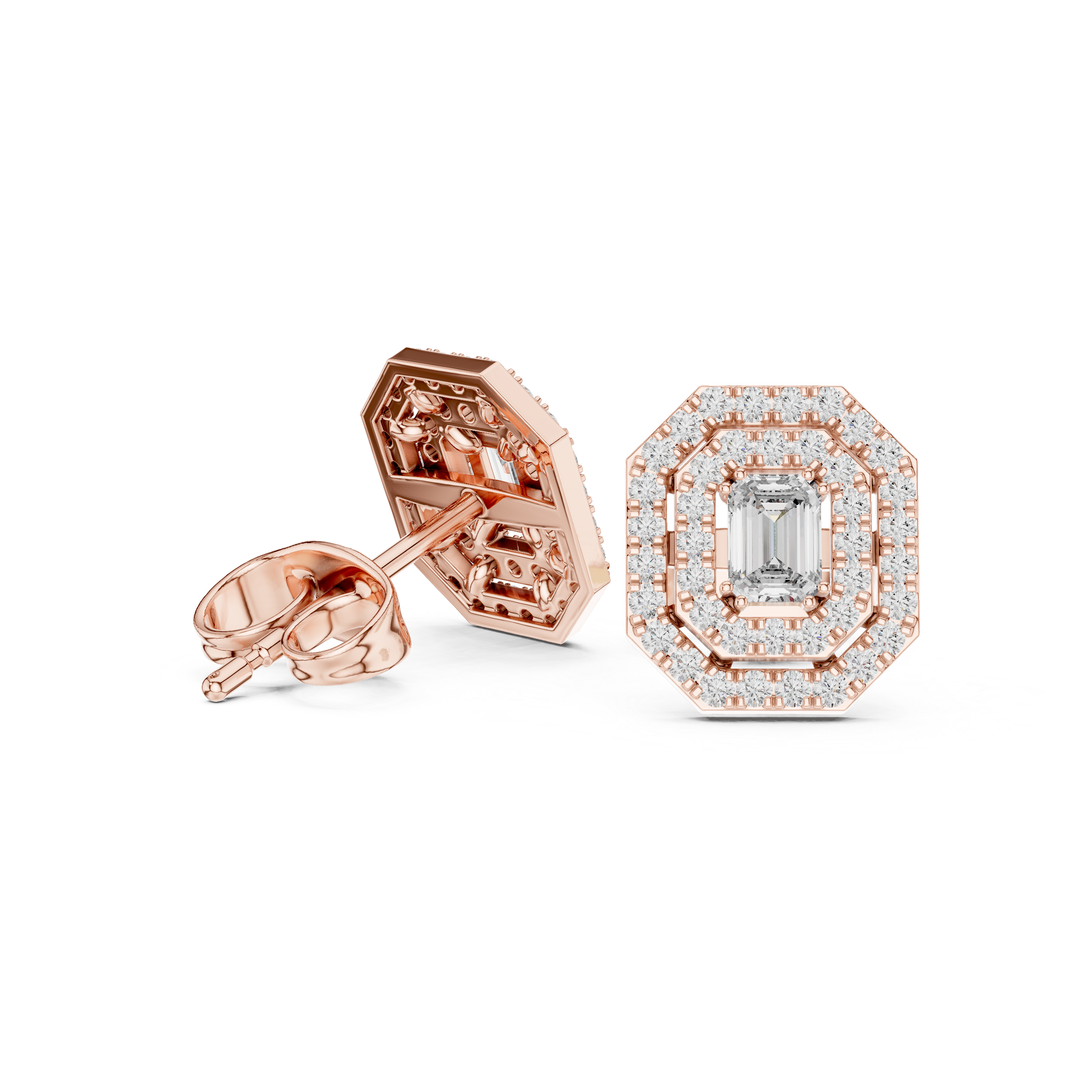 Halo stud earrings in rose gold with emerald-cut center stone and diamond-like pavé border