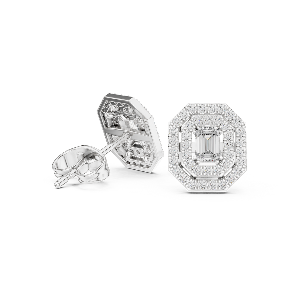 Halo stud earrings in white gold, showing backs and posts with openwork halo frames