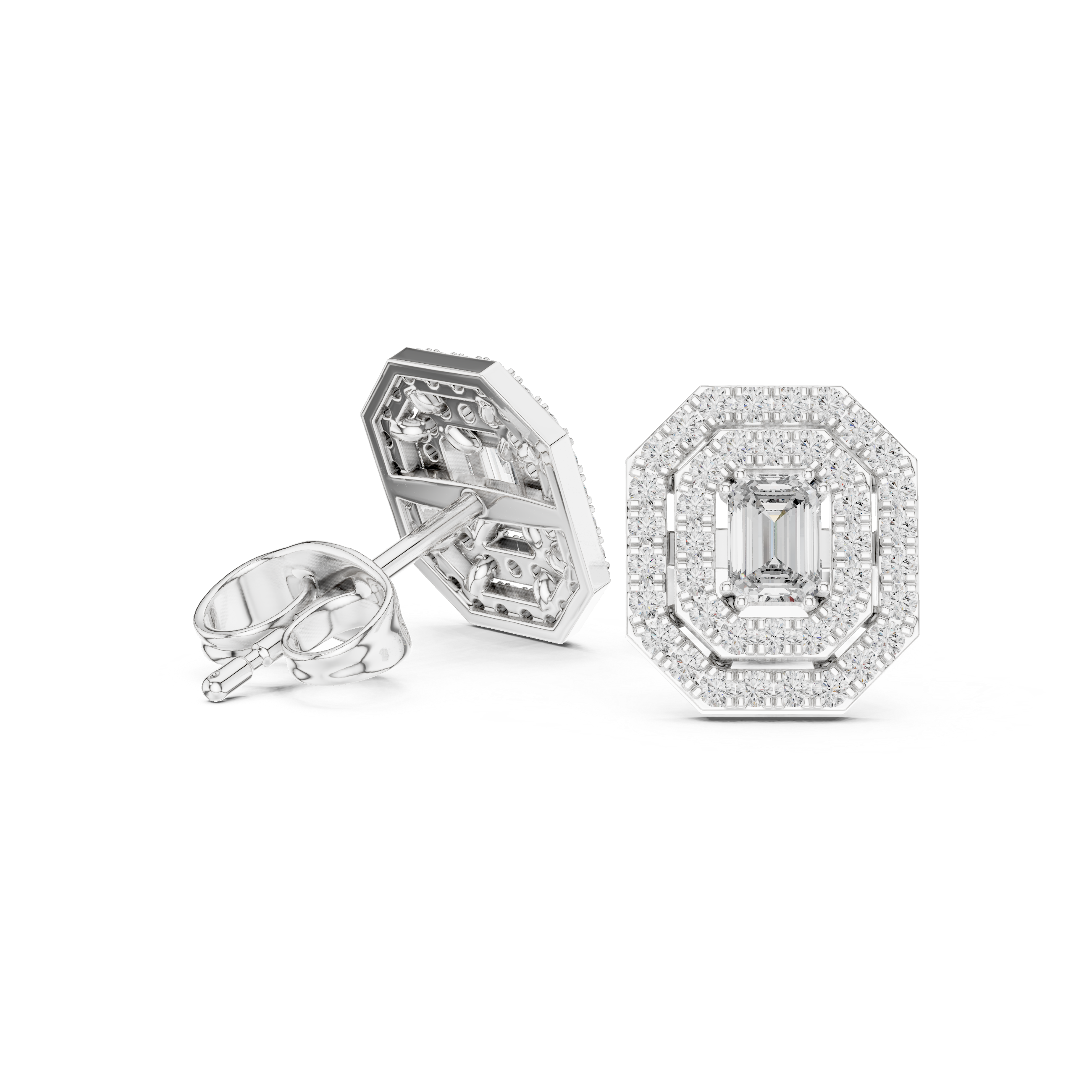 Halo stud earrings in white gold, showing backs and posts with openwork halo frames