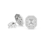 White gold emerald-cut halo diamond stud earrings, octagonal bezel frame