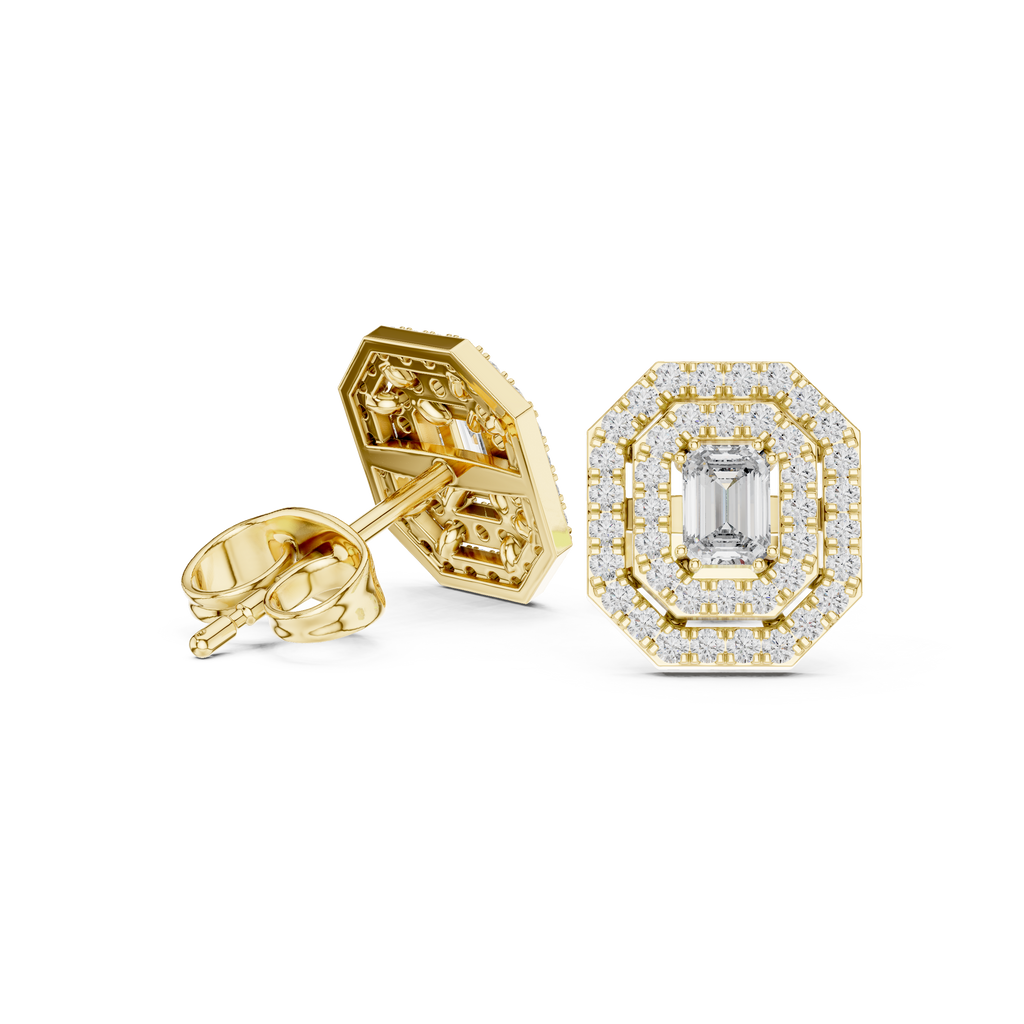Octagonal halo stud earrings with emerald-cut center stone, yellow gold with posts