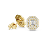 Yellow gold emerald-cut halo diamond stud earrings with octagonal bezel frame