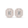 Rose gold emerald-cut halo diamond stud earrings with octagonal bezel frame