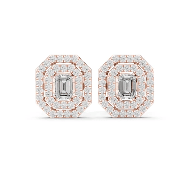 Octagonal halo stud earrings with emerald-cut center stone, rose gold setting