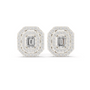 Platinum emerald-cut halo diamond stud earrings with octagonal diamond halo frame