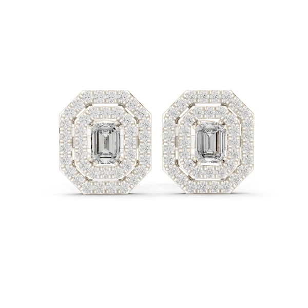Octagonal halo stud earrings with emerald-cut center stone, white gold setting