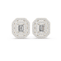 Octagonal halo stud earrings with emerald-cut center stone, white gold setting