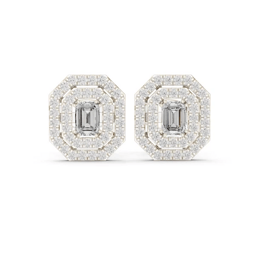 Octagonal halo stud earrings with emerald-cut center stone, white gold setting