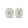 Yellow gold emerald-cut halo diamond stud earrings, straight-on front view